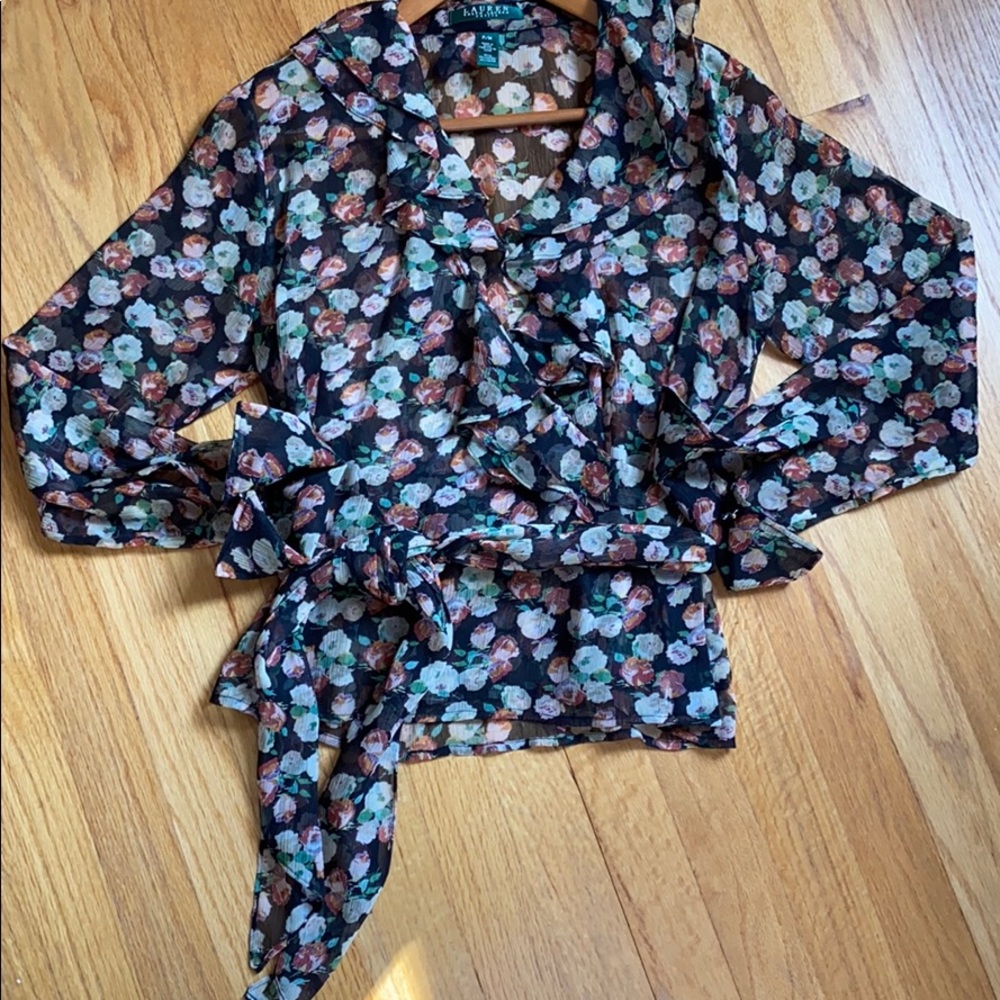 Ralph Lauren shear wrap ruffled blouse Petite M - Picture 3 of 4